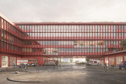 La visualizzazione mostra un edificio rosso a più piani con l'uscita dei vigili del fuoco al centro.
